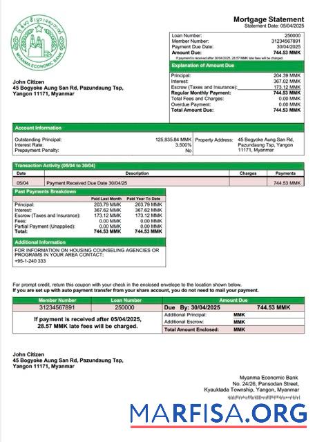 Printable Myanma Economic Bank mortgage statement Word and PDF template